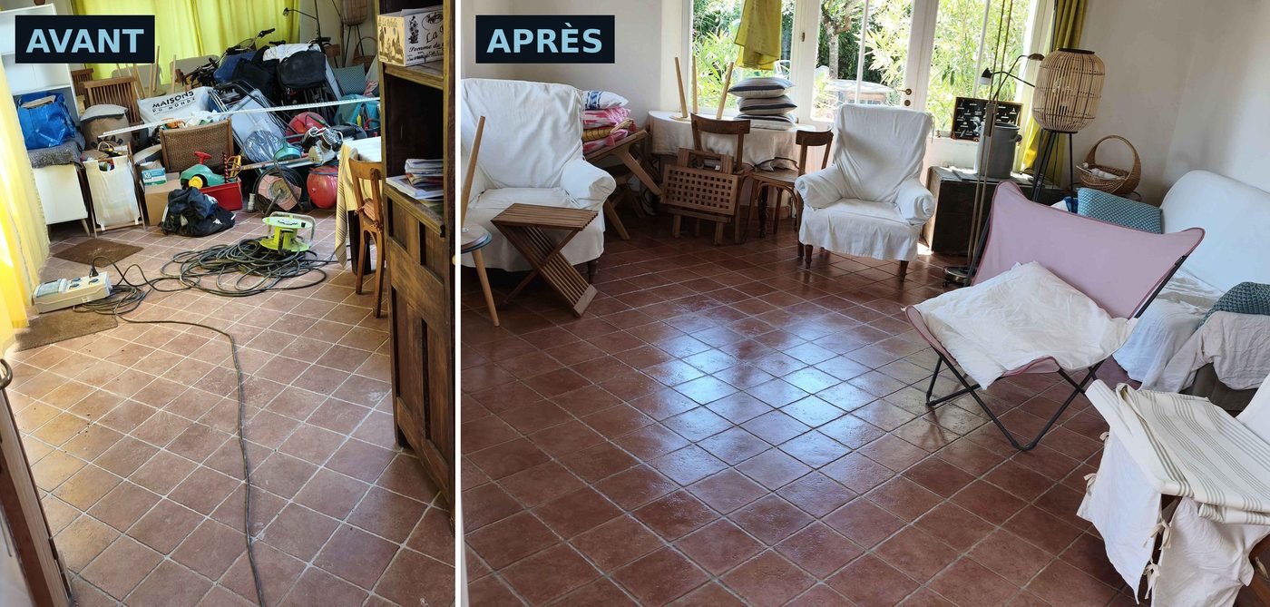 Avant après : débarras, rangement et nettoyage complet d'un salon par notre société de nettoyage à La Rochelle